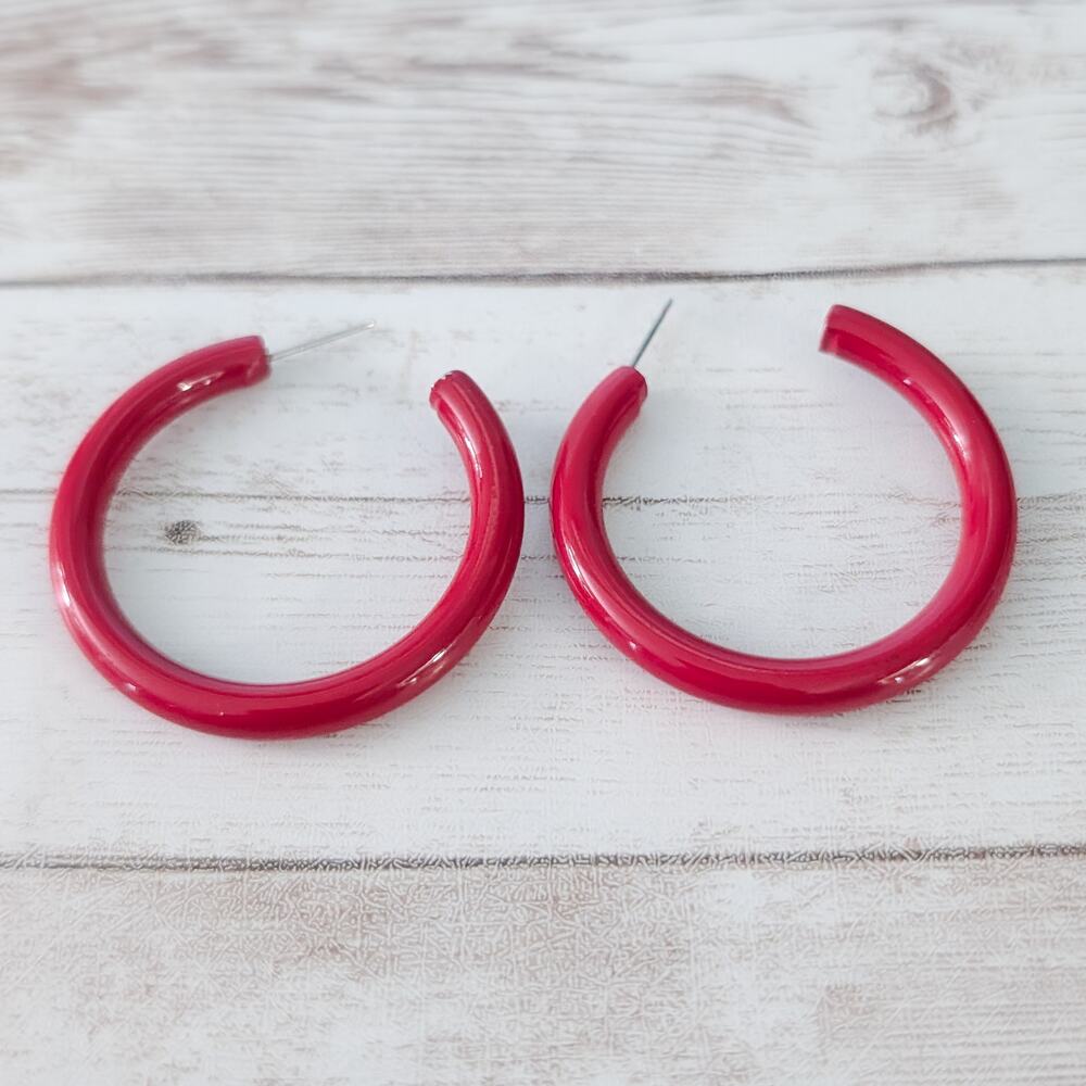 Vintage Stud Earrings - Red Large Hoops 1 & 5/8" Statement Retro